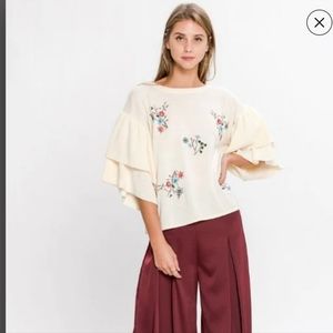 Jealous Tomato Cream Floral Embroidered Ruffle Sleeve Blouse